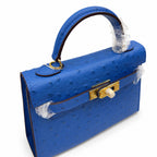 Mini Kelly II 19cm Sellier Bleu Electrique Ostrich Gold Hardware Luxury Crossbody — Compact Top-Handle Bag
