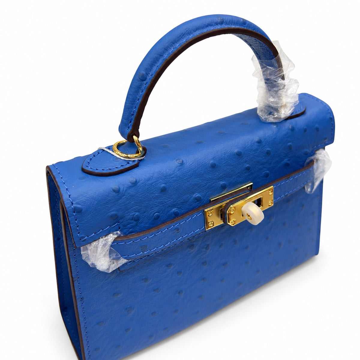 Mini Kelly II 19cm Sellier Bleu Electrique Ostrich Gold Hardware Luxury Crossbody — Compact Top-Handle Bag