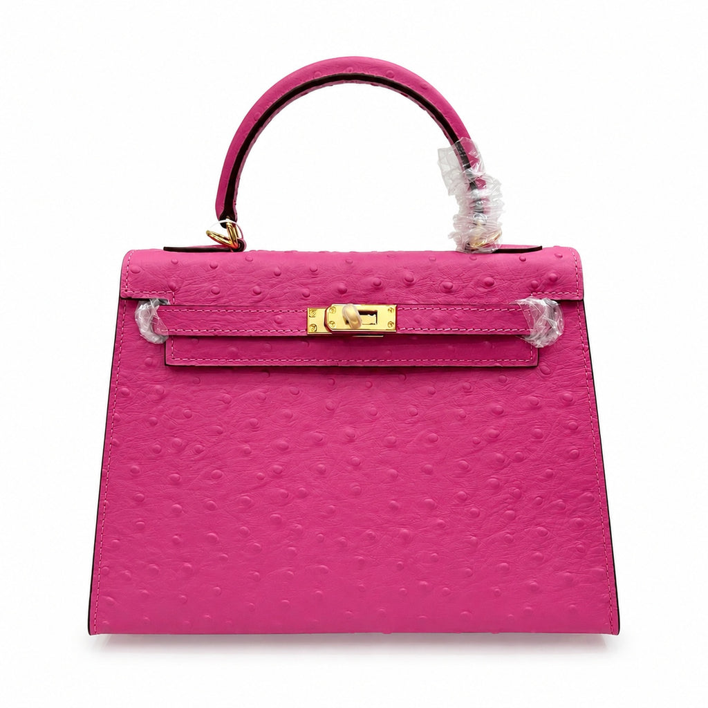 Kelly Sellier 25cm Rose Tyrien Ostrich Gold Hardware Designer Crossbody Tote — Elegant Structured Carry Style