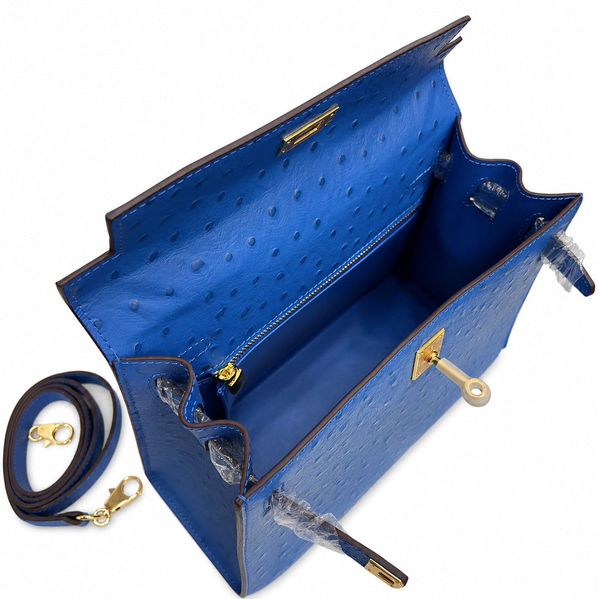 Kelly Sellier 25cm Bleu Electrique Ostrich Gold Hardware Premium Crossbody Purse — Structured Top-Handle Handbag