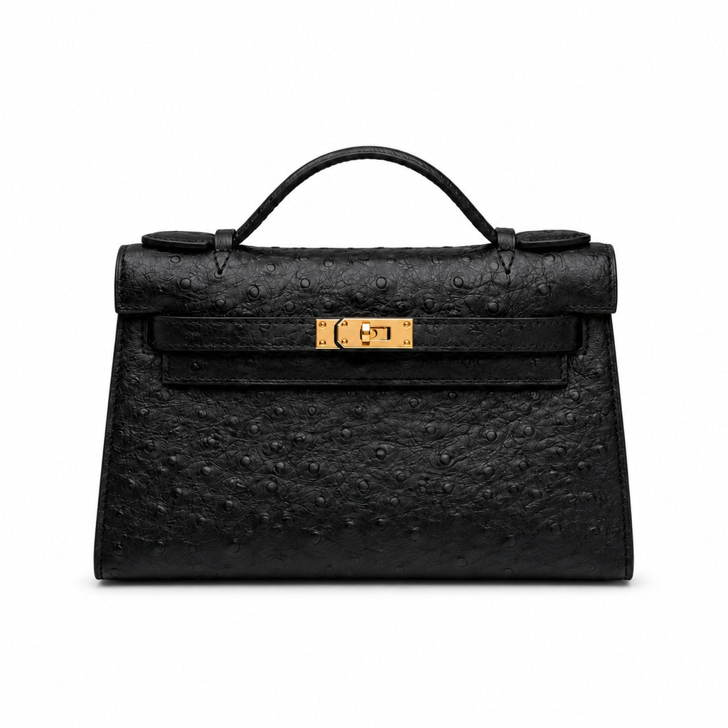 Mini Kelly Sellier 22cm Noir Ostrich Leather Gold Hardware — Small Structured Carry Style