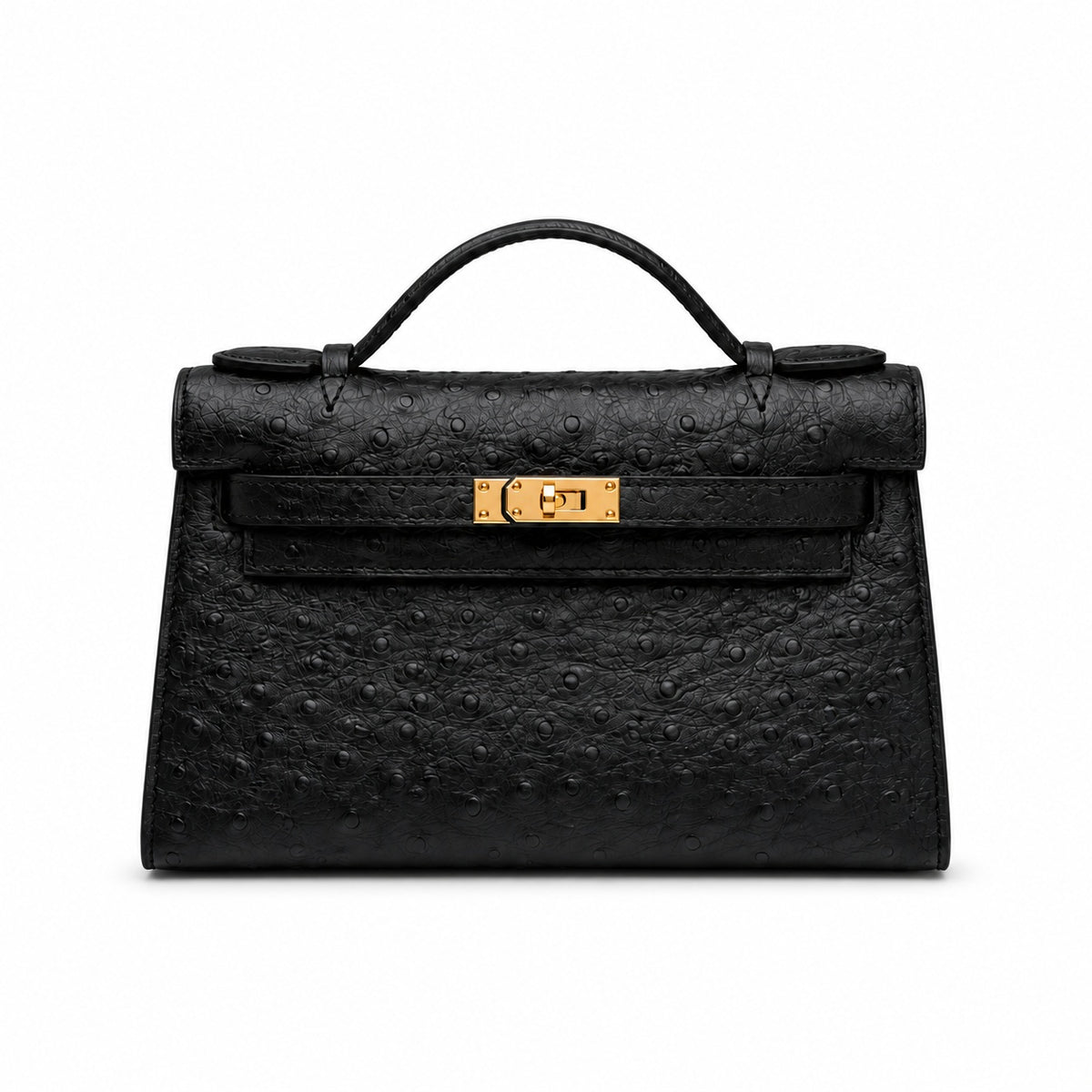Mini Kelly Sellier 22cm Noir Ostrich Leather Gold Hardware — Small Structured Carry Style
