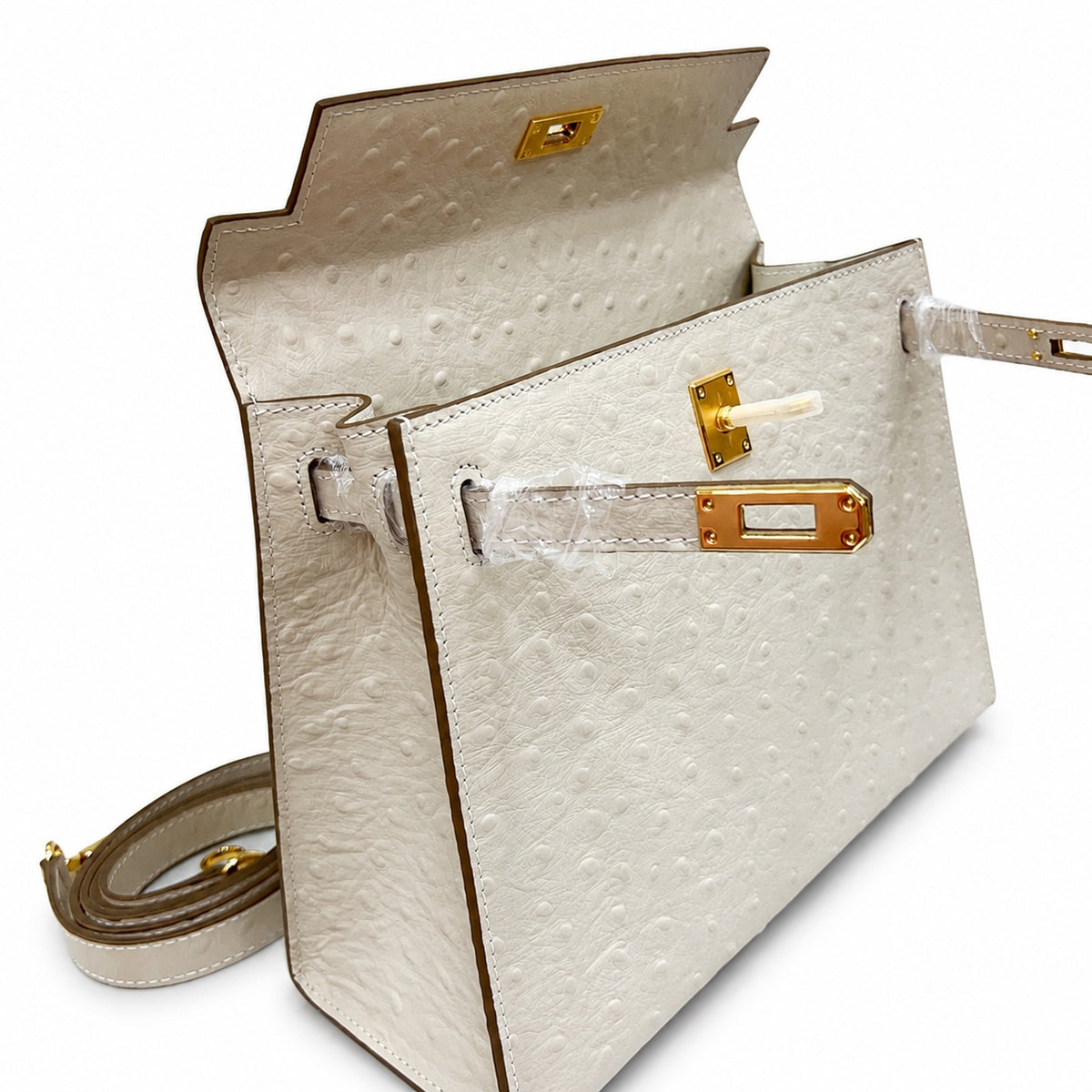 Kelly Sellier 25cm Craie Ostrich Gold Hardware Premium Women Shoulder Purse — Streamlined Top-Handle Handbag