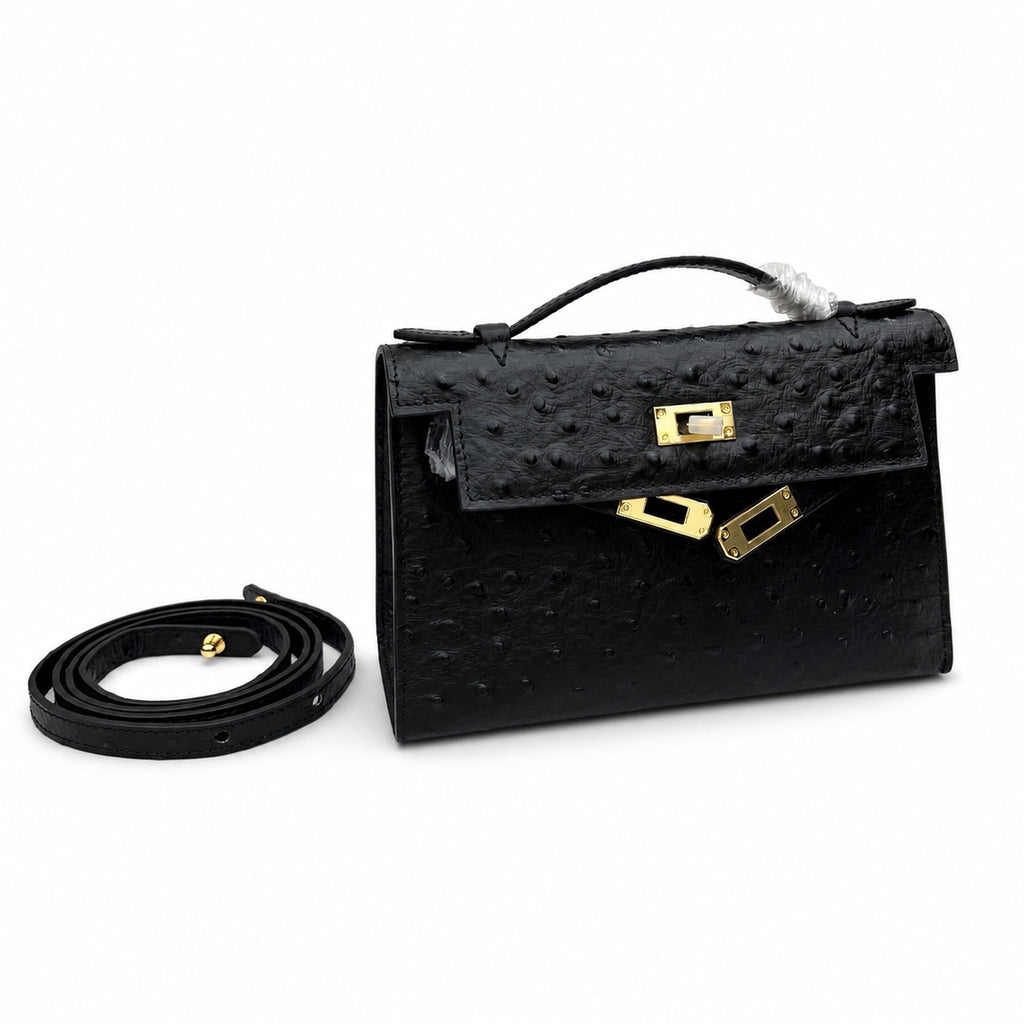Mini Kelly Sellier 22cm Noir Ostrich Leather Gold Hardware — Small Structured Carry Style