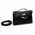 Mini Kelly Sellier 22cm Noir Ostrich Leather Gold Hardware — Small Structured Carry Style