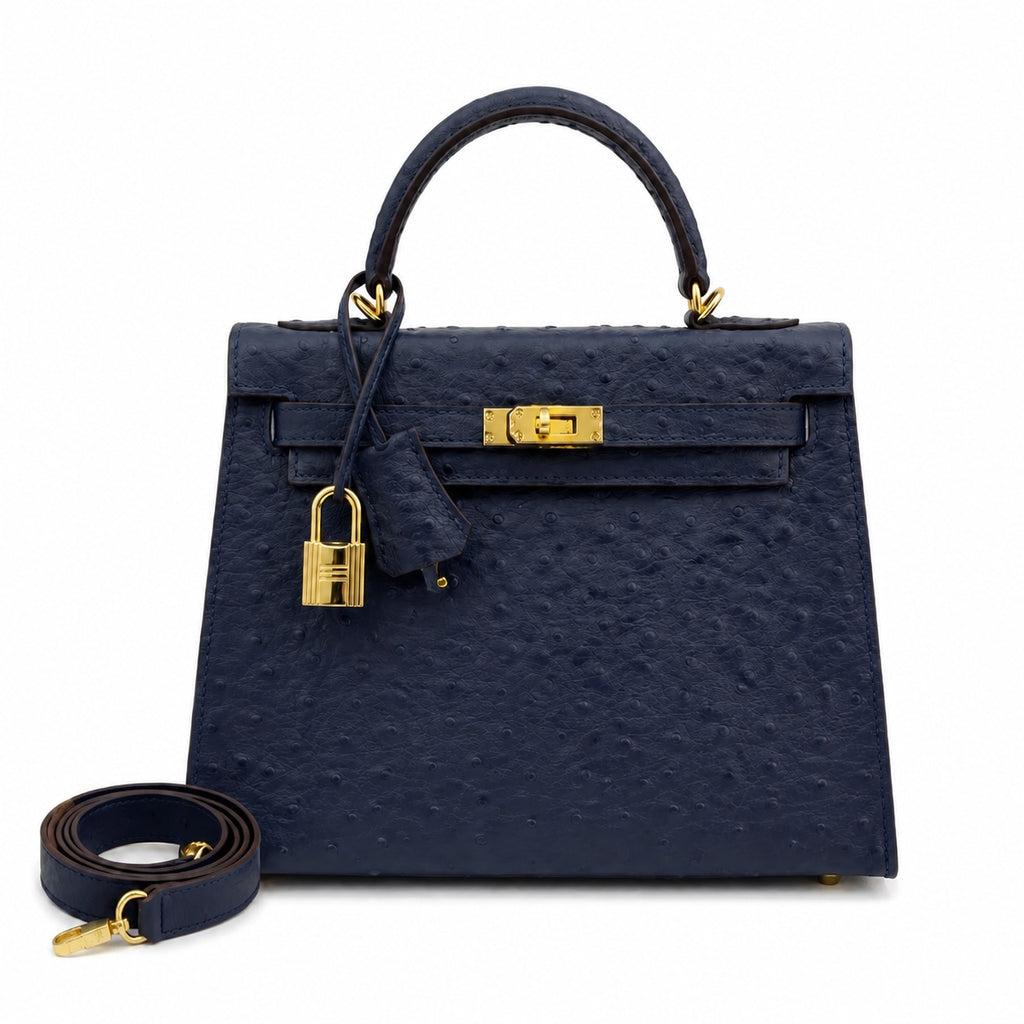 elly Sellier 25cm Bleu Nuit Ostrich Gold Hardware Luxury Commute — Timeless Top-Handle Design
