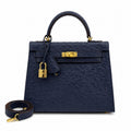 elly Sellier 25cm Bleu Nuit Ostrich Gold Hardware Luxury Commute — Timeless Top-Handle Design