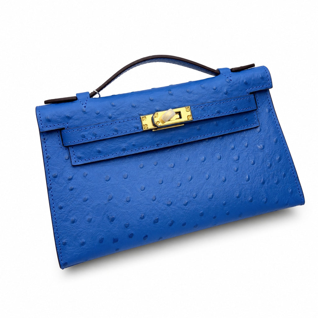 Mini Kelly Sellier 22cm Bleu Electrique Ostrich Leather Gold Hardware — Distinctive Petite Bag