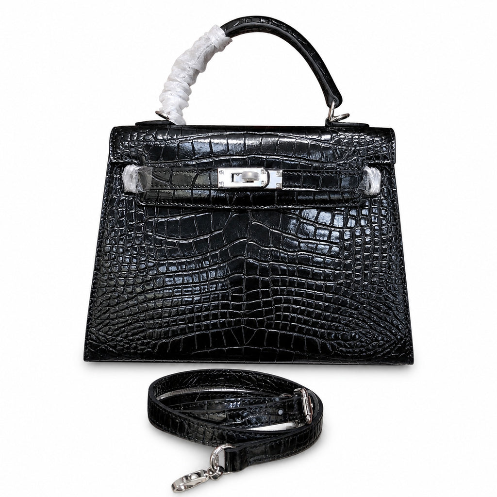 Kelly Sellier 22cm Noir Shiny Crocodile Leather Gold Hardware & Palladium Hardware — Classic Hand-Carry Silhouette