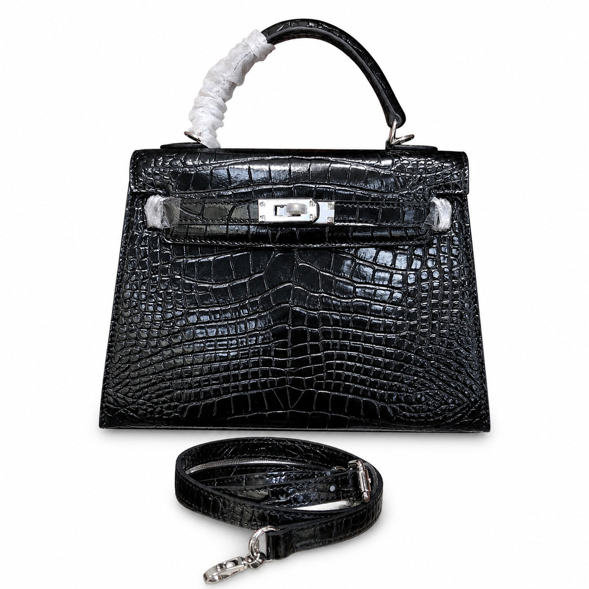 Kelly Sellier 22cm Noir Shiny Crocodile Leather Gold Hardware & Palladium Hardware — Classic Hand-Carry Silhouette