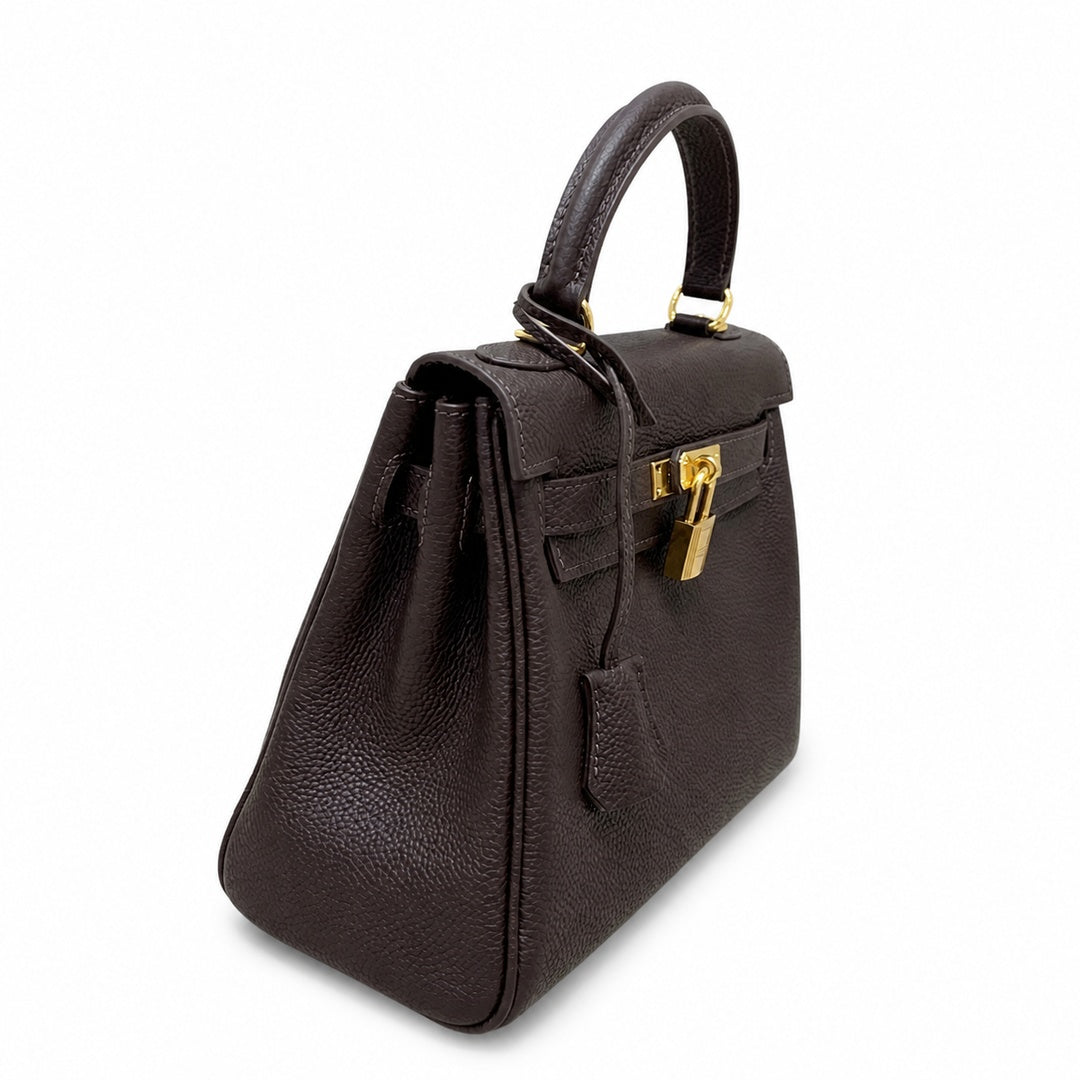 Kelly Sellier 20cm & 25cm & 28cm Marron Foncé Togo Leather Gold Hardware — Structured Top-Handle Handbag