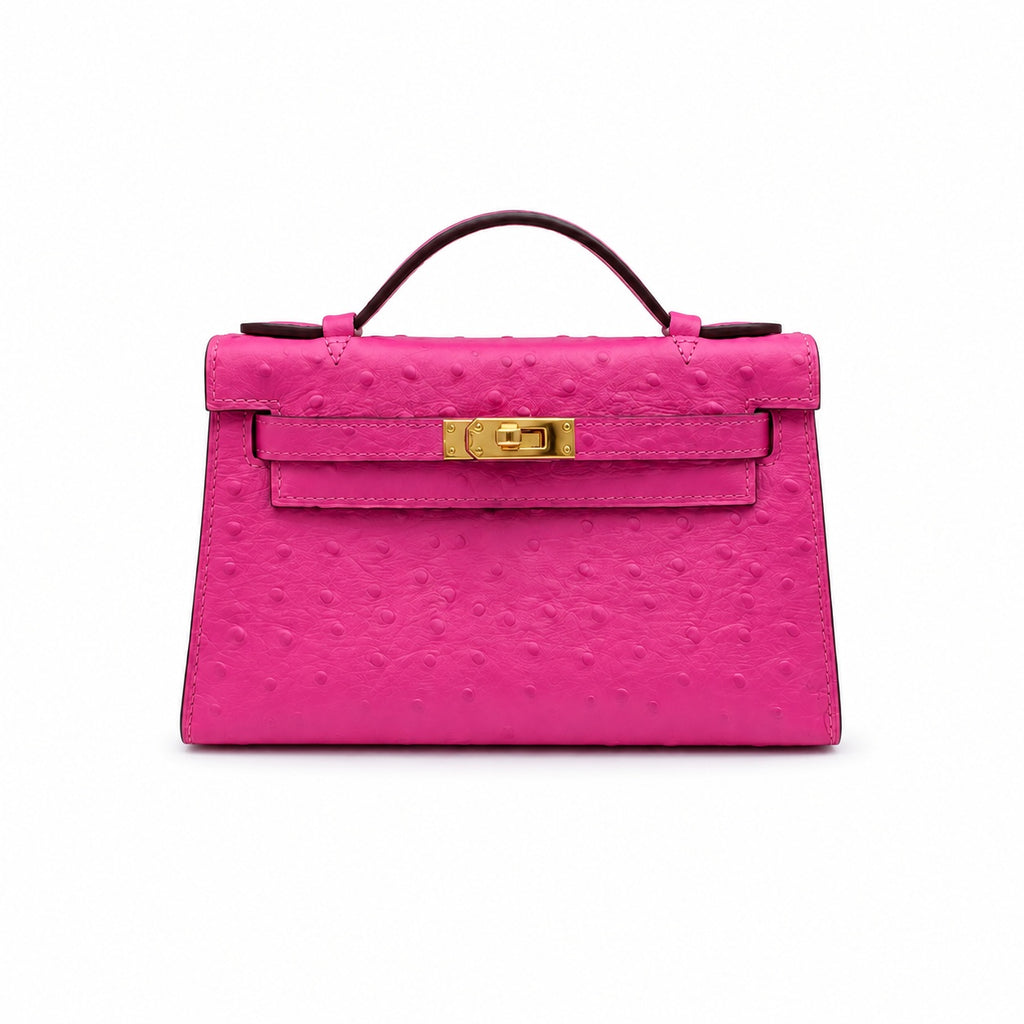 Mini Kelly Sellier 22cm Rose Tyrien Ostrich Leather Gold Hardware — Elegant Compact Carry Style
