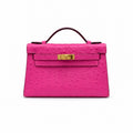 Mini Kelly Sellier 22cm Rose Tyrien Ostrich Leather Gold Hardware — Elegant Compact Carry Style