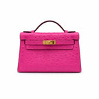 Mini Kelly Sellier 22cm Rose Tyrien Ostrich Leather Gold Hardware — Elegant Compact Carry Style