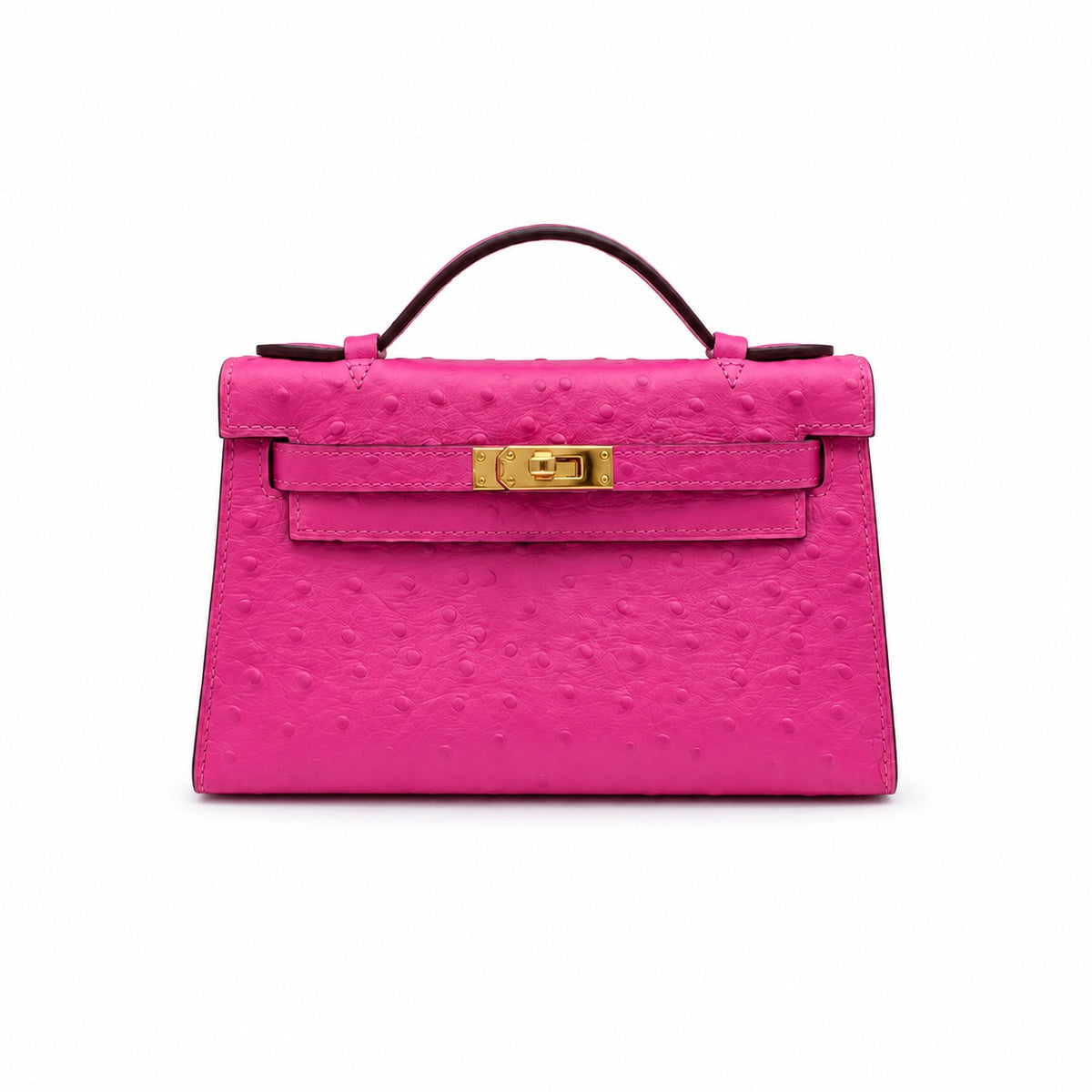 Mini Kelly Sellier 22cm Rose Tyrien Ostrich Leather Gold Hardware — Elegant Compact Carry Style