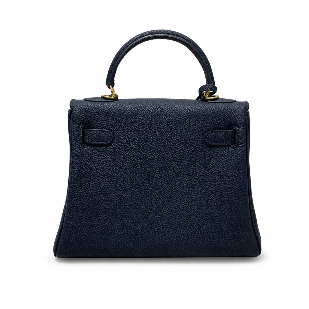 Kelly Sellier 20cm & 25cm & 28cm Bleu Nuit Togo Leather Gold Hardware — Timeless Top-Handle Design