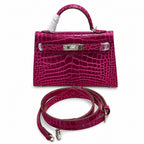 Kelly Sellier 19cm Fuchsia Shiny Crocodile Leather Gold Hardware & Palladium Hardware — Versatile Structured Bag