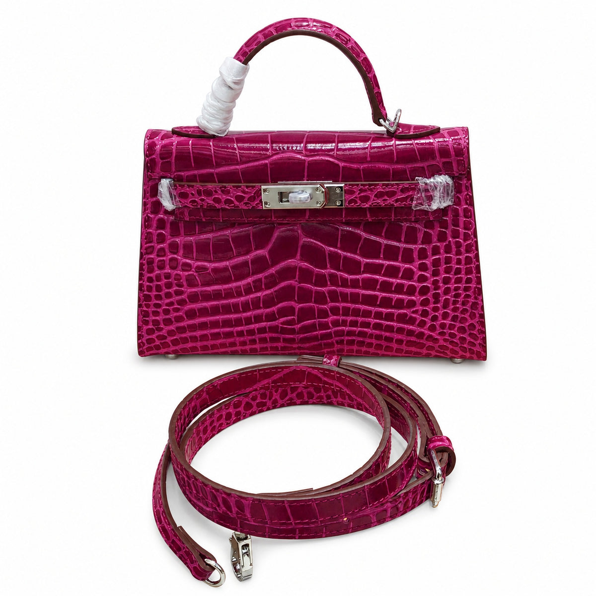 Kelly Sellier 19cm Fuchsia Shiny Crocodile Leather Gold Hardware & Palladium Hardware — Versatile Structured Bag