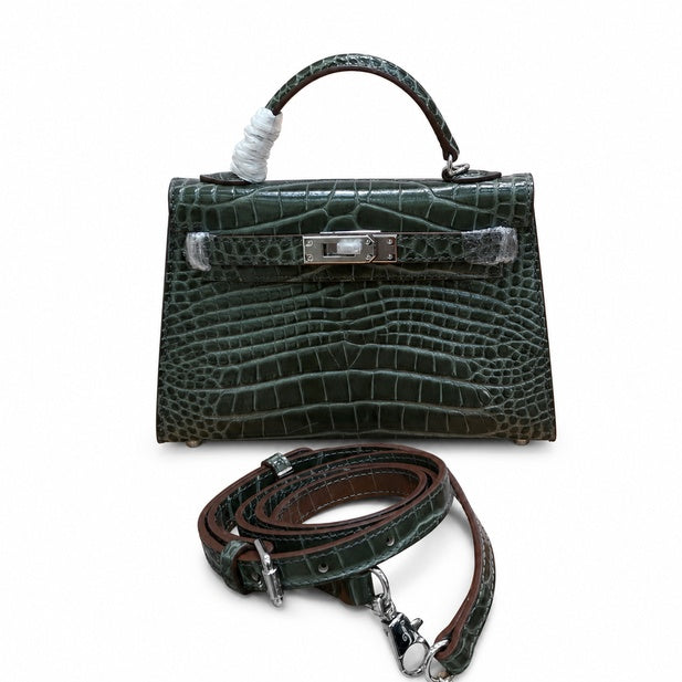 Kelly Sellier 19cm Gris Elephant Shiny Crocodile Leather Gold Hardware & Palladium Hardware — Elegant Structured Carry Style