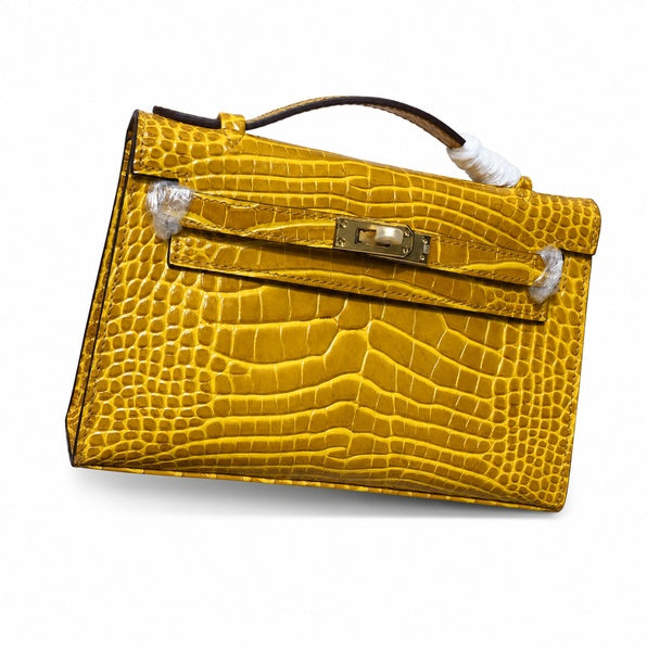 Kelly Pochette Jaune Ambre Shiny Niloticus Crocodile Leather Palladium Hardware Women Clutch Bag — Compact Pochette Clutch