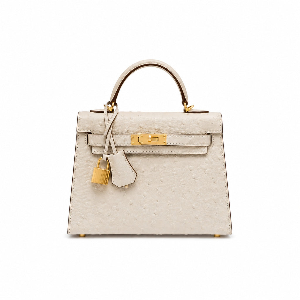 Mini Kelly II 19cm Sellier Craie Ostrich Gold Hardware Premium Women Daily — Compact Top-Handle Bag
