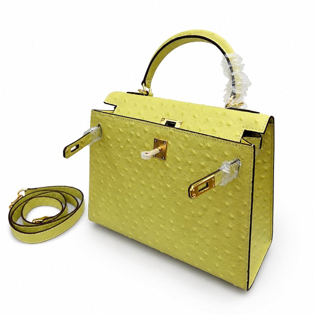 Kelly Sellier 25cm Jaune Poussin Ostrich Gold Hardware Designer Women Shoulder — Versatile Structured Bag