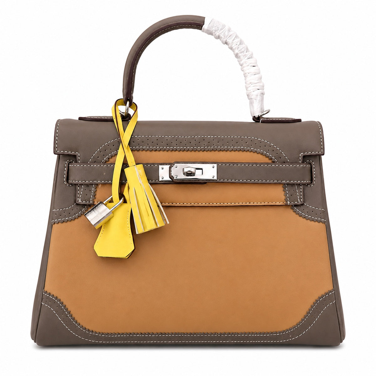 Kelly Sellier Ghillies 28cm Beige Poussière & Marron Foncé Barenia Leather Palladium Hardware — Timeless Top-Handle Design