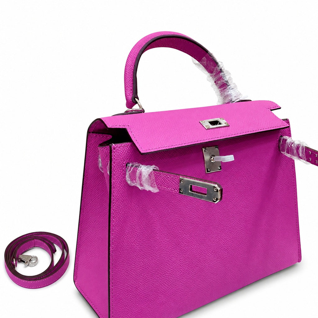Kelly Sellier 25cm & 28cm Rose Pourpre Epsom Leather Gold Hardware & Palladium Hardware — Classic Hand-Carry Silhouette