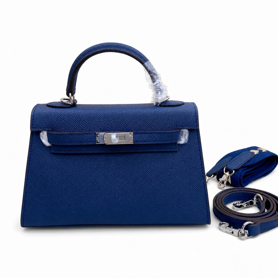 Mini Kelly II Sellier 19cm & 22cm Bleu Nuit Epsom Leather Palladium Hardware — Polished Compact Handbag