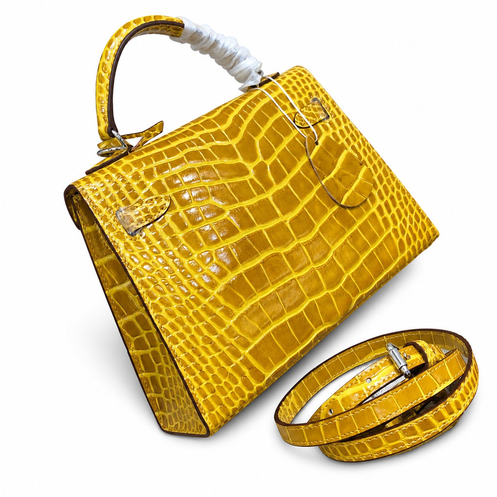 Kelly Sellier 22cm Jaune Ambre Shiny Crocodile Leather Gold Hardware & Palladium Hardware — Elegant Structured Carry Style