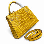Kelly Sellier 22cm Jaune Ambre Shiny Crocodile Leather Gold Hardware & Palladium Hardware — Elegant Structured Carry Style
