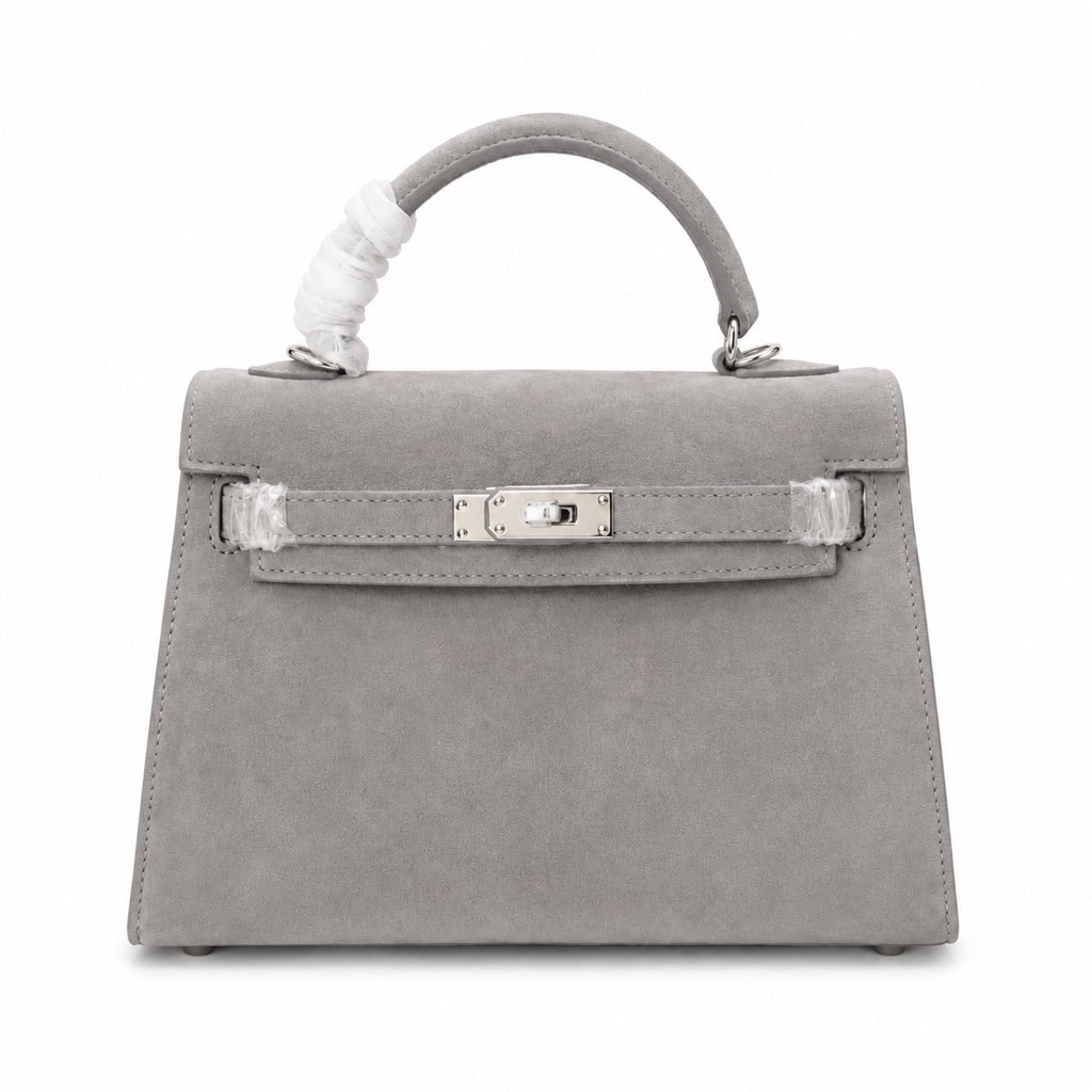 Kelly Sellier 22cm Gris Asphalte Suede Leather Palladium Hardware — Sophisticated Carry Design