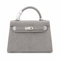 Kelly Sellier 22cm Gris Asphalte Suede Leather Palladium Hardware — Sophisticated Carry Design