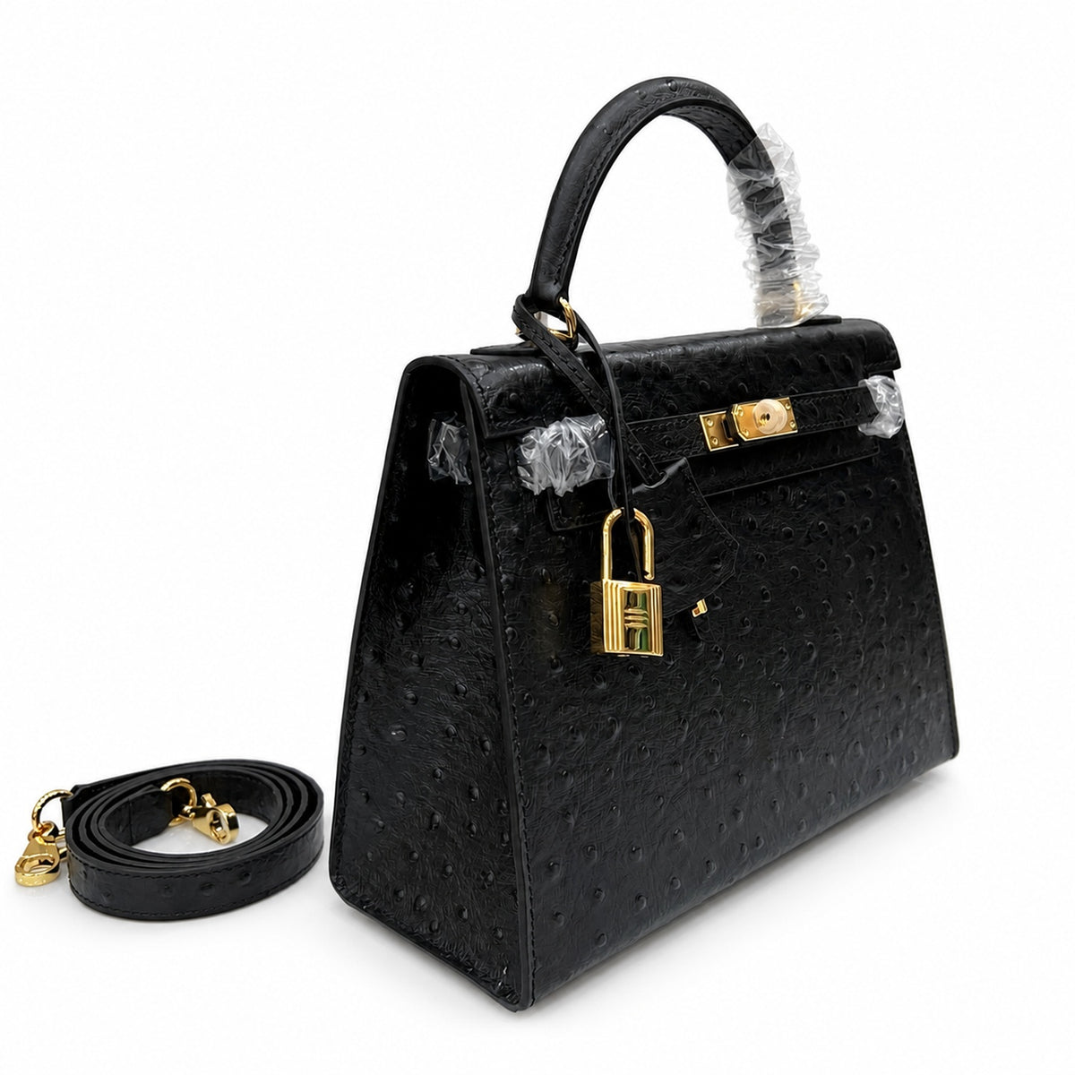 Kelly Sellier 25cm Noir Black Ostrich Gold Hardware Designer Shoulder Tote — Versatile Structured Bag