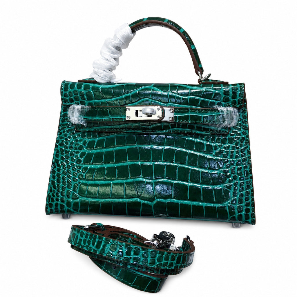 Kelly Sellier 19cm Vert Emeraude Shiny Crocodile Leather Gold Hardware & Palladium Hardware — Distinctive Hand-Carry Bag