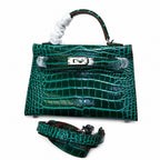 Kelly Sellier 19cm Vert Emeraude Shiny Crocodile Leather Gold Hardware & Palladium Hardware — Distinctive Hand-Carry Bag