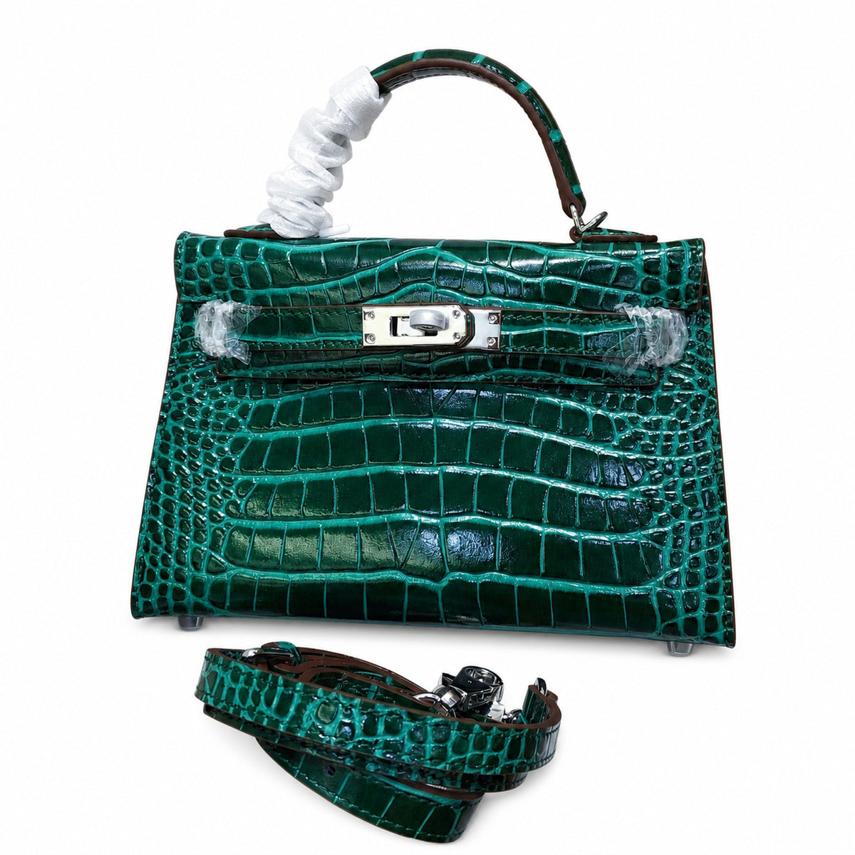 Kelly Sellier 19cm Vert Emeraude Shiny Crocodile Leather Gold Hardware & Palladium Hardware — Distinctive Hand-Carry Bag