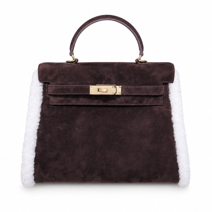 Kelly Sellier 28cm Ebene Suede Leather Gold Hardware Commute Shoulder — Polished Structured Handbag