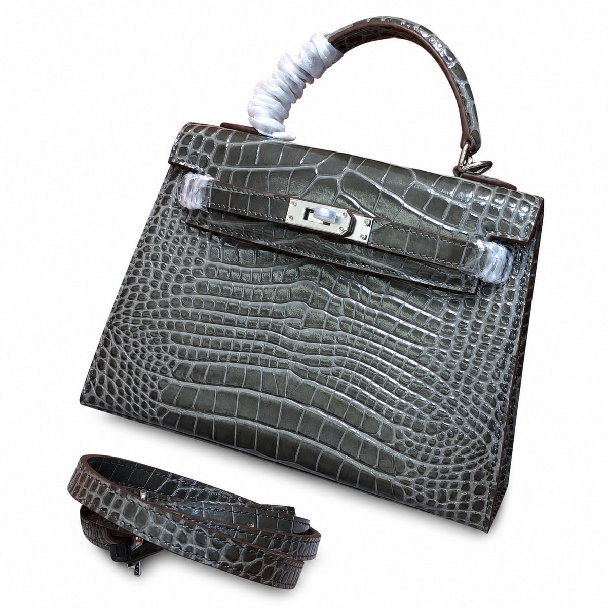Kelly Sellier 22 Étoupe Shiny Alligator Silver Hardware — Streamlined Top-Handle Handbag