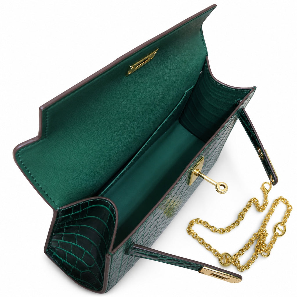 Kelly Pochette Vert Emeraude Shiny Niloticus Crocodile Leather Gold Hardware Women Clutch Bag — Polished Compact Shoulder Style