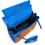 Kelly Sellier Ghillies 28cm Bleu Izmir & Natural Sable Barenia Leather Palladium Hardware — Refined Top-Handle Bag