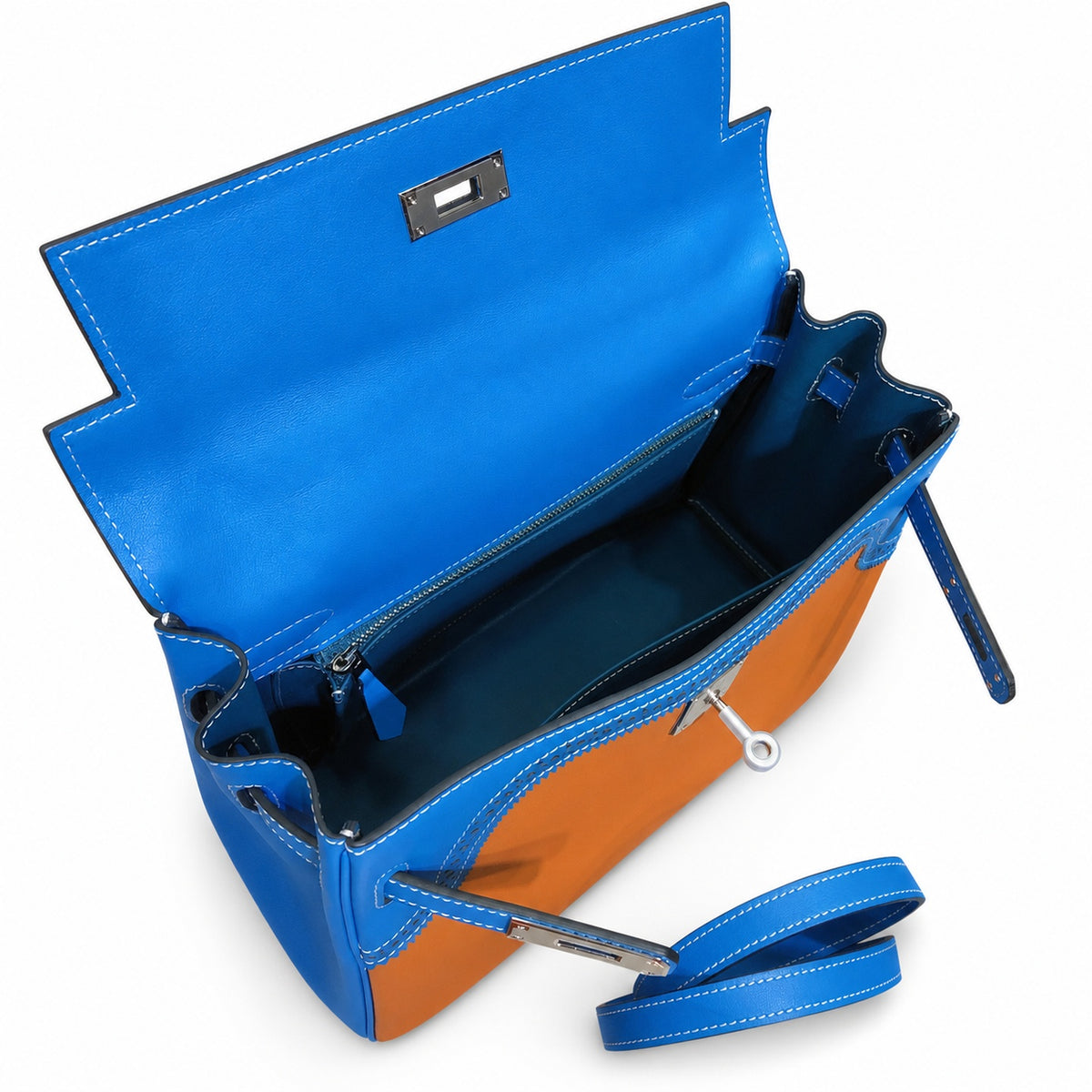 Kelly Sellier Ghillies 28cm Bleu Izmir & Natural Sable Barenia Leather Palladium Hardware — Refined Top-Handle Bag
