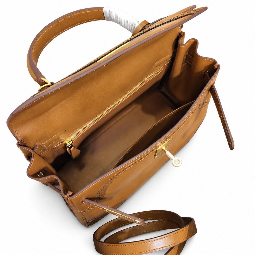 Kelly Sellier Ghillies 28cm Natural Sable Barenia Leather Gold Hardware — Streamlined Top-Handle Handbag