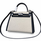 Kelly 25cm Patchwork Canvas and Swift Leather in Black — Polished Structured Handbag