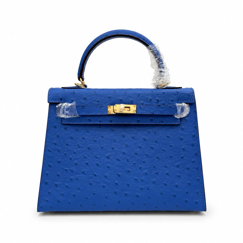 Kelly Sellier 25cm Bleu Electrique Ostrich Gold Hardware Premium Crossbody Purse — Structured Top-Handle Handbag