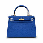Kelly Sellier 25cm Bleu Electrique Ostrich Gold Hardware Premium Crossbody Purse — Structured Top-Handle Handbag