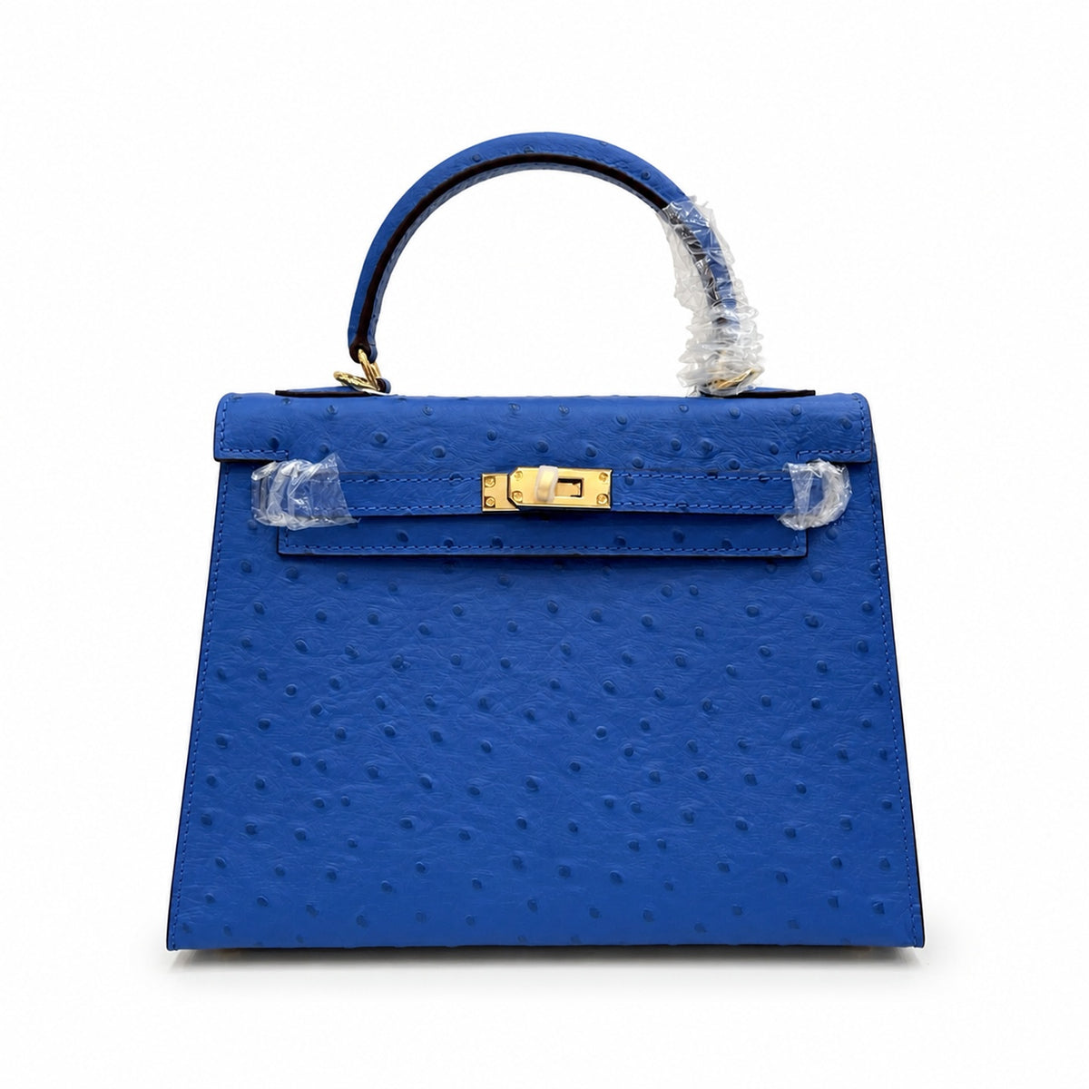 Kelly Sellier 25cm Bleu Electrique Ostrich Gold Hardware Premium Crossbody Purse — Structured Top-Handle Handbag