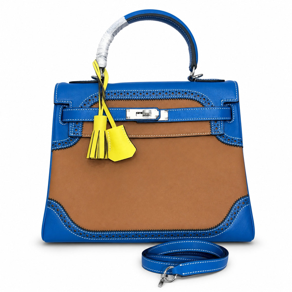 Kelly Sellier Ghillies 28cm Bleu Izmir & Natural Sable Barenia Leather Palladium Hardware — Refined Top-Handle Bag