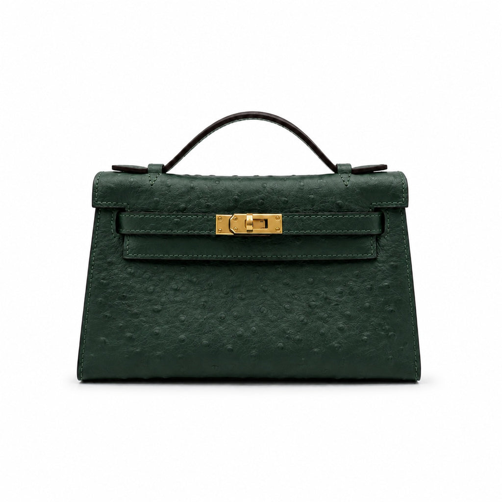 Mini Kelly II Sellier 19cm & 22cm Vert Fonce Ostrich Leather Gold Hardware — Sophisticated Small-Scale Bag