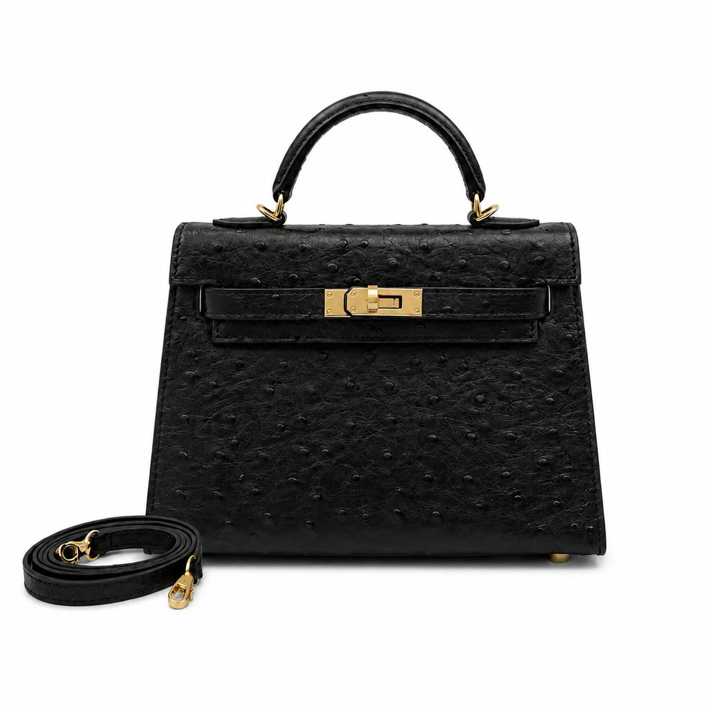Mini Kelly Sellier 19cm Noir Ostrich Leather Gold Hardware — Sophisticated Small-Scale Bag